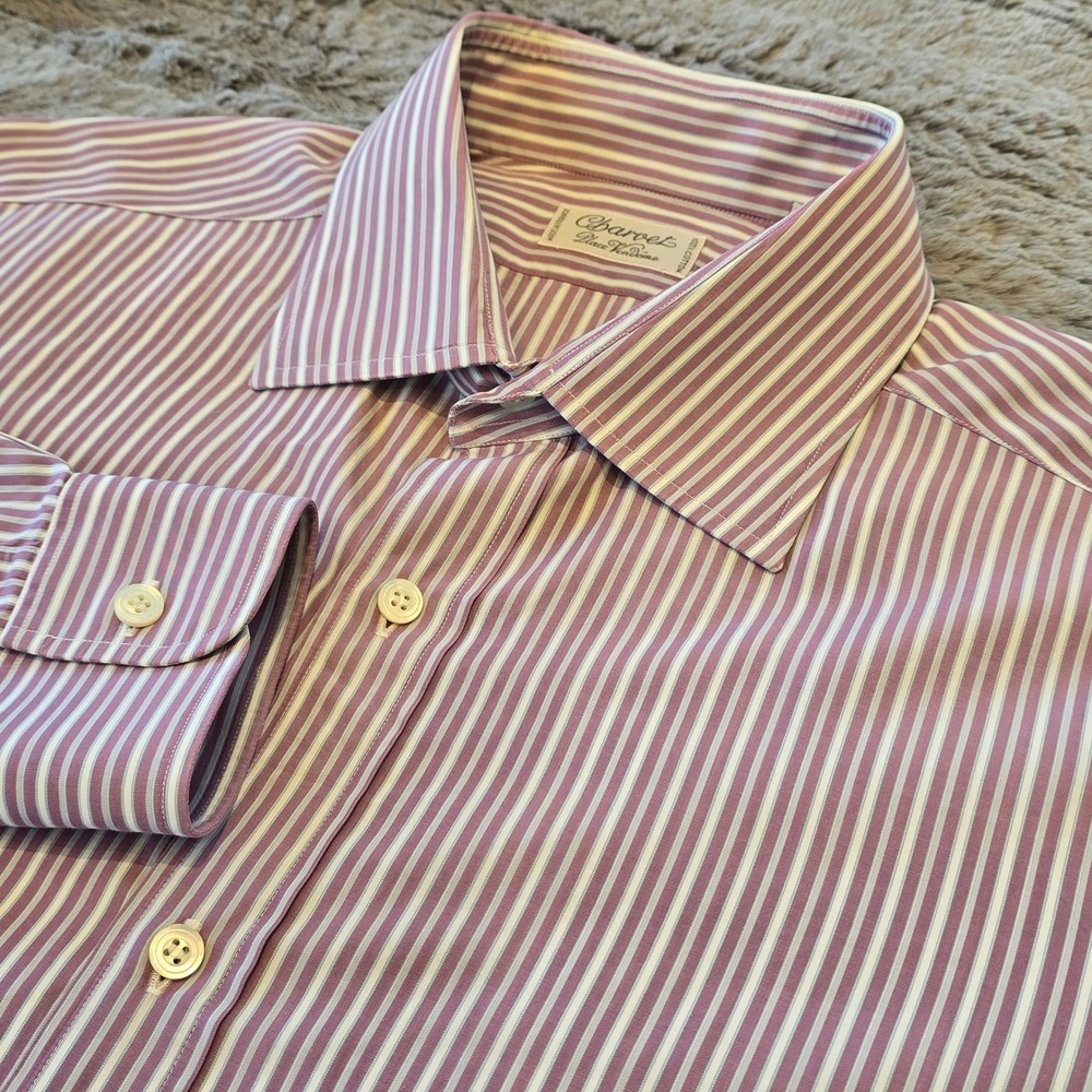 Charvet Place Vendome Mens Dress Shirt 42 M Purple White Striped Cotton France